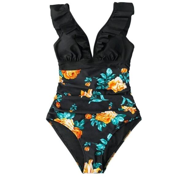 CUPSHE Black Floral Ruffled Lace Up Onepice Swimsuit Size Medium - Picture 2 of 9